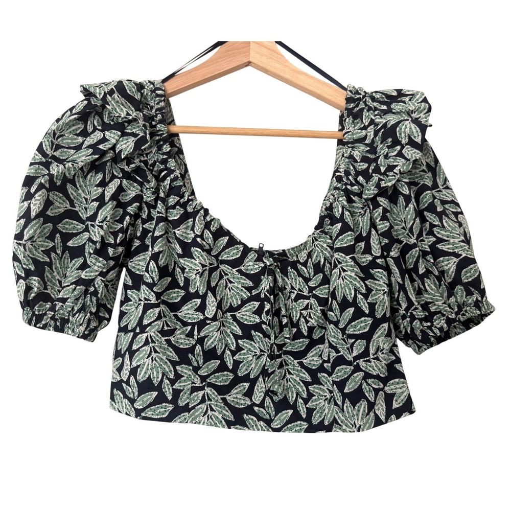En Saison Green Leaf Print Puff Sleeve Ruffle Crop Top Large Cotton Navy Blue
